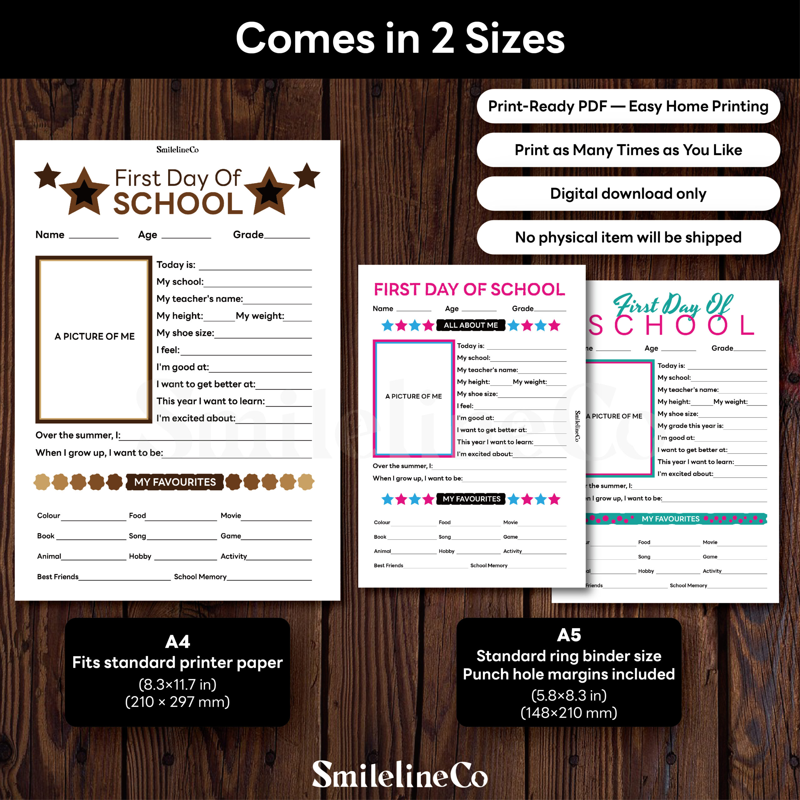 First Day of School printable size chart for A4 and A5 keepsake pages, colorful star-themed photo frame design