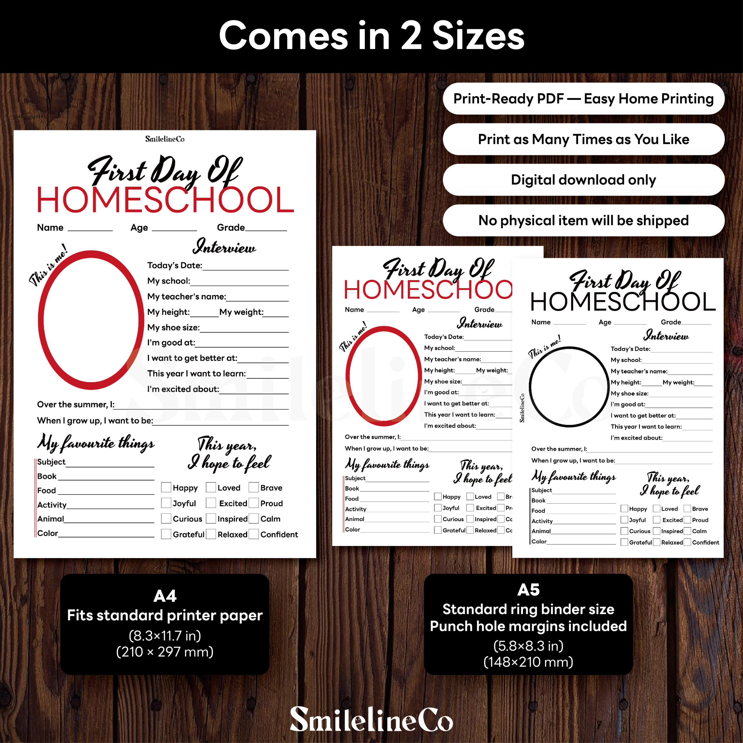 First Day of Homeschool printable size chart for A4 and A5 keepsake pages, red photo frame certificate design