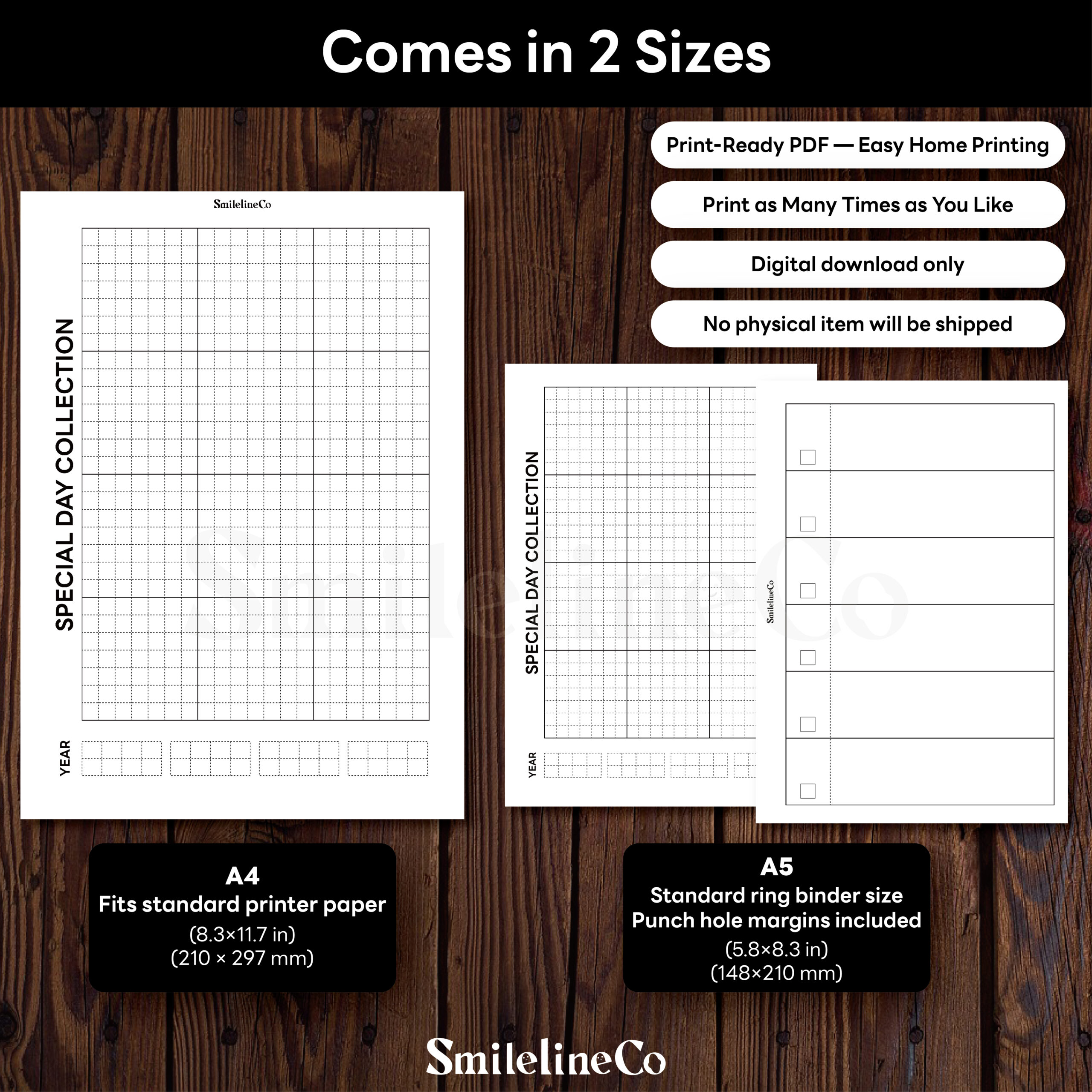 Special Day Collection printable size chart for A4 and A5 memory-keeping journals, minimalist dotted grid