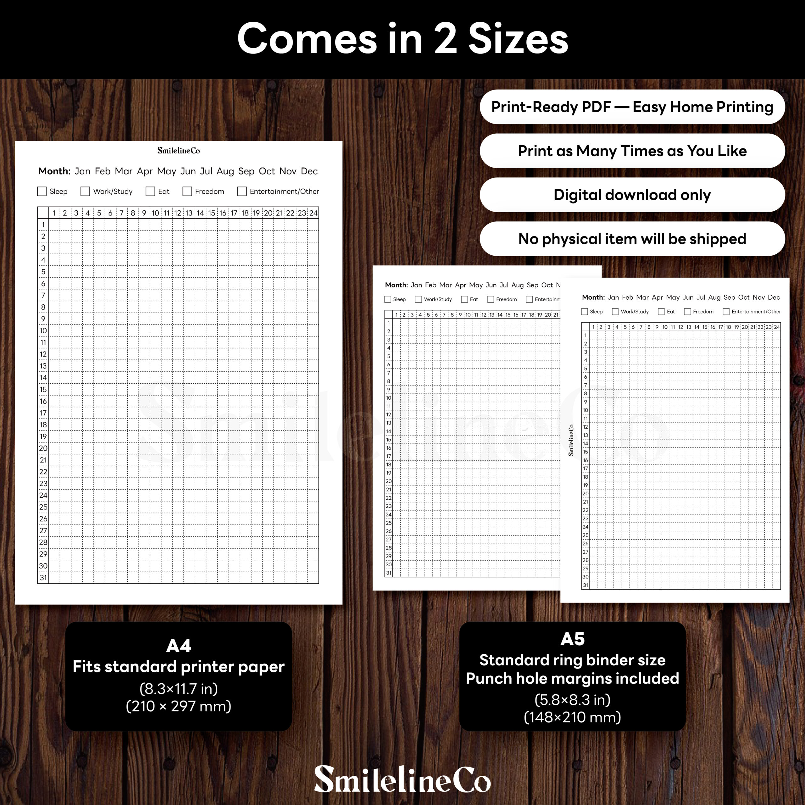 24-hour time block tracker printable size chart for A4 and A5 daily planner inserts, minimalist grid design
