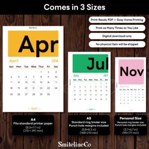 2027 rainbow monthly calendar printable size chart for A4, A5 and Personal planner binders, colorful PDF
