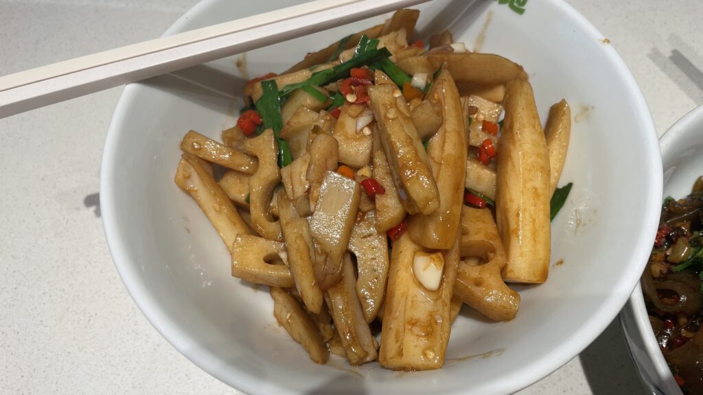 Sweet and sour crispy lotus root with chili