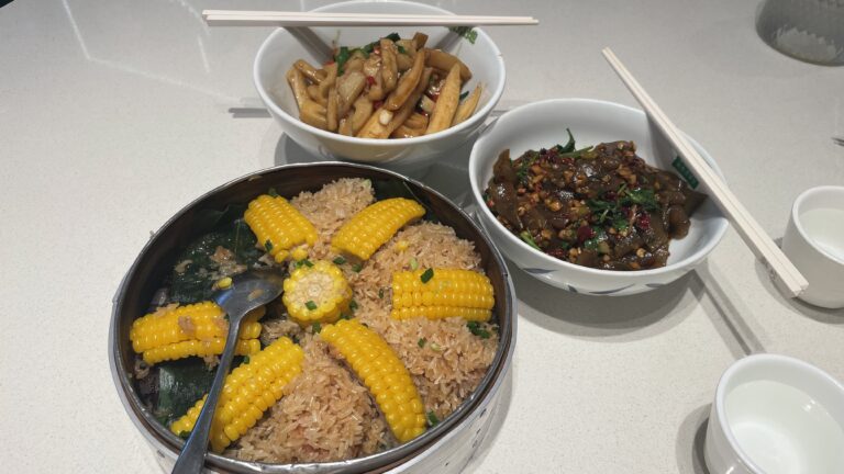 Three Chinese home-style dishes on the table for our family dinner