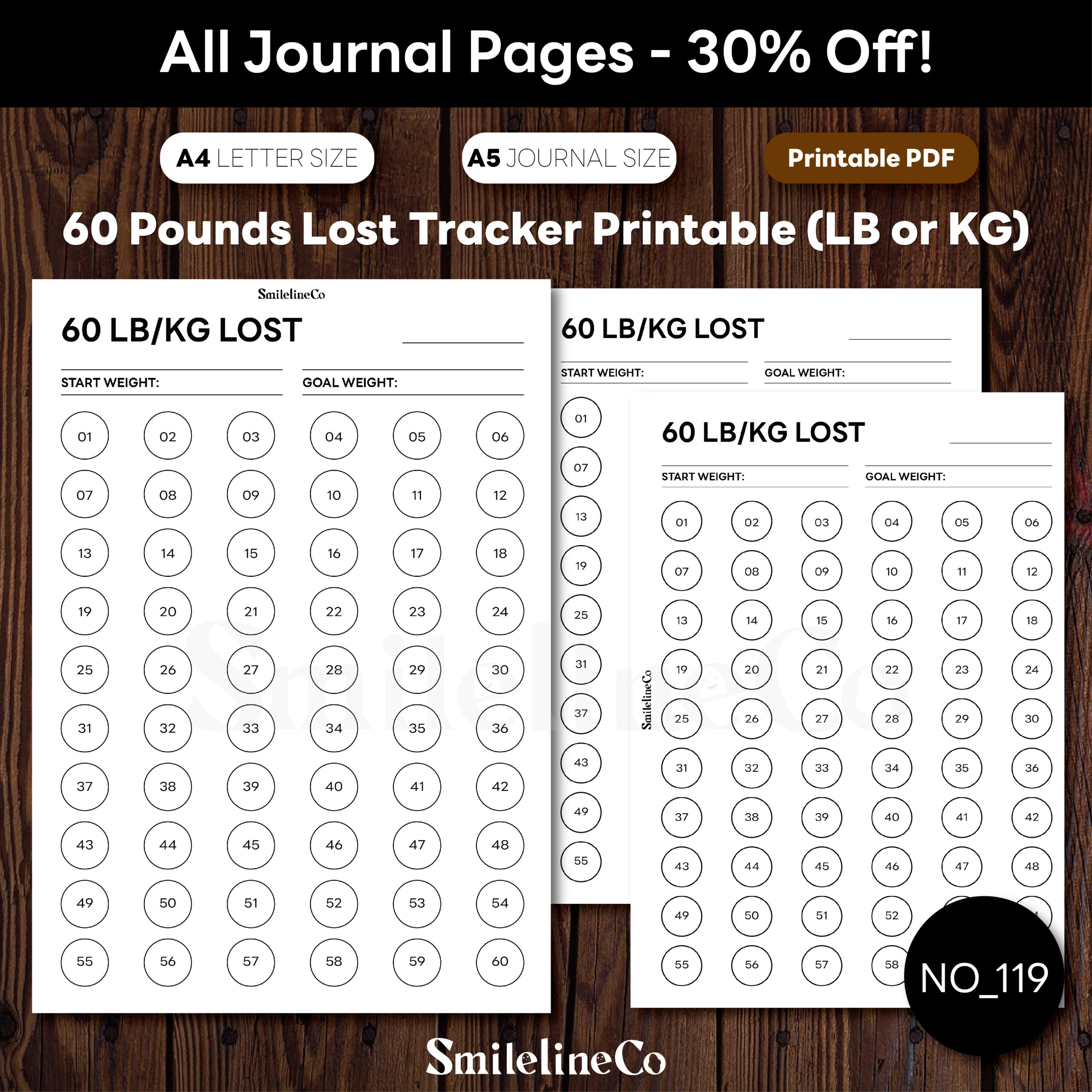 60 Pounds Lost Tracker Printable (LB or KG) | A4 & A5