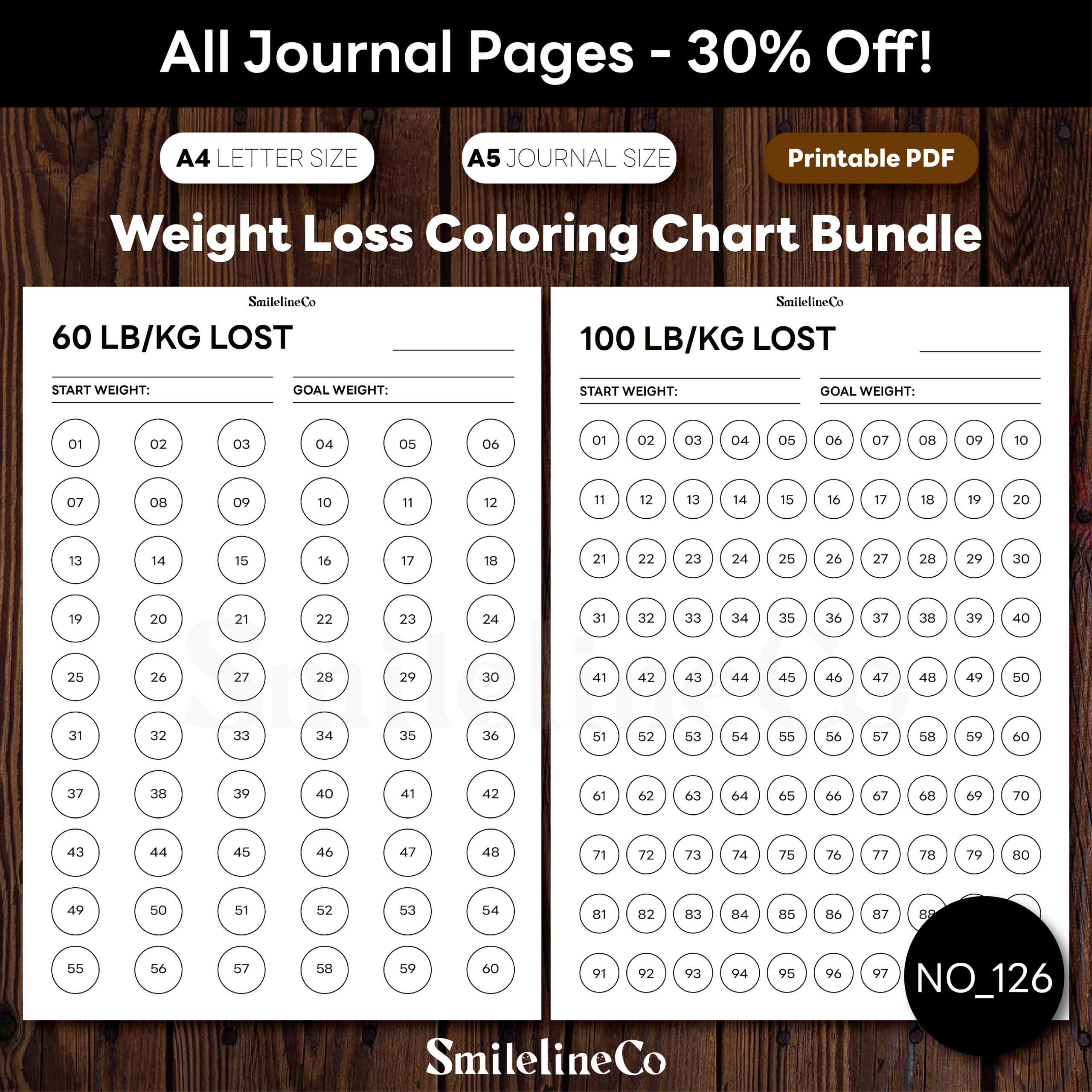 weight loss coloring chart bundle with 60 and 100 numbered circles