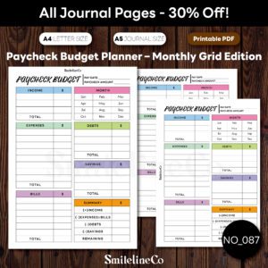 Paycheck Budget Planner Printable | Monthly Grid A5 & A4