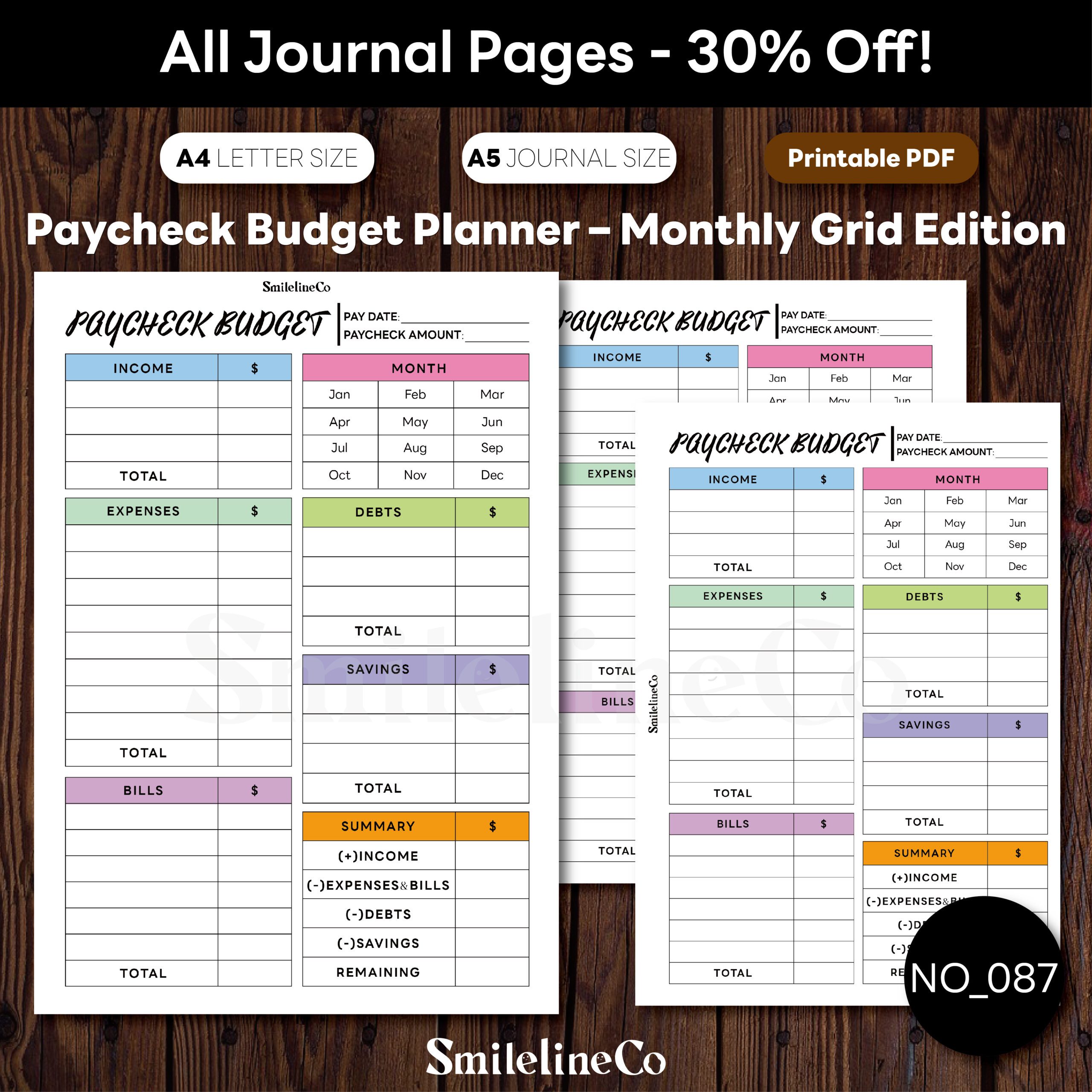Paycheck Budget Planner Printable | Monthly Grid A5 & A4
