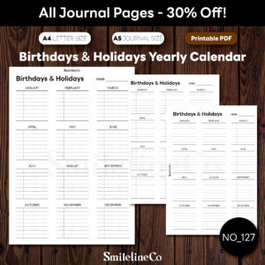 Birthdays & Holidays Yearly Calendar printable, A5 ring-binder page showing all 12 months
