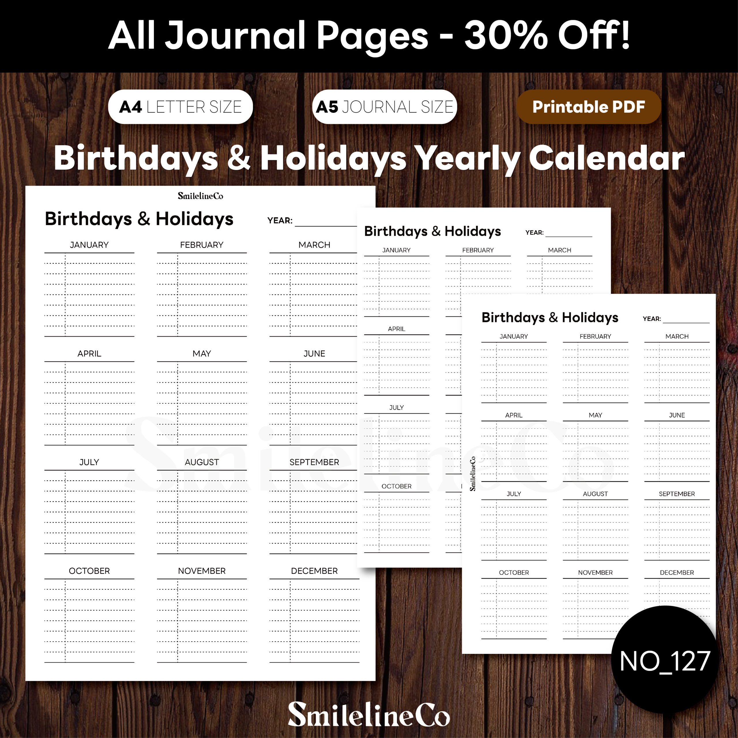 Birthdays & Holidays Yearly Calendar printable, A5 ring-binder page showing all 12 months