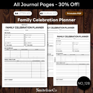 Family Celebration Planner printable showing gift plan, day schedule, and menu sections, A5 ring-binder page
