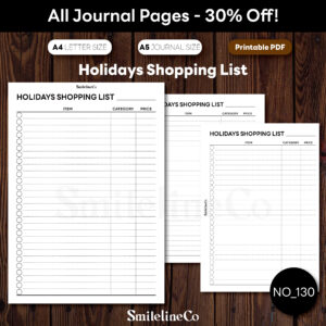 Holidays Shopping List printable with item, category, and price columns, A5 ring-binder page