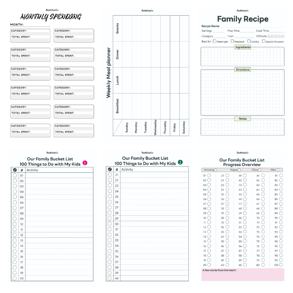 SmilelineCo printables for tracking food spending, planning meals and recording family recipes